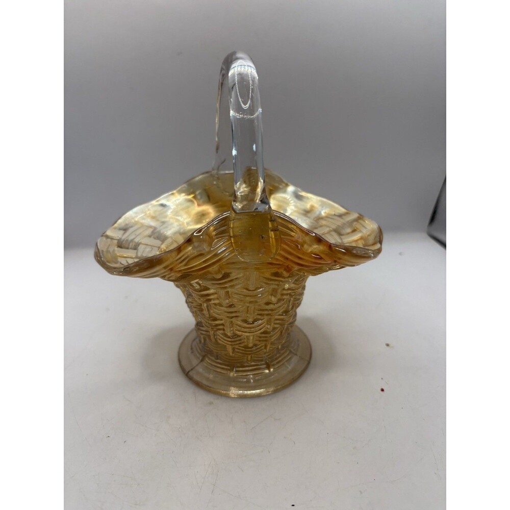 Vintage Marigold 6” Dugan Carnival Glass Weaved Pattern Basket